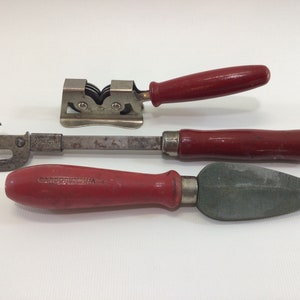 Small Kitchen Utensils Lot Red Handle Knife Sharpeners and Bottle Can Opener Vintage 1940's Original Shabby Chic Cottage Core Home Decor