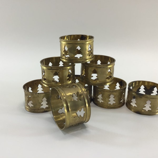 Brass Napkin Ring 8 Pc Set Christmas Tree Cut-out Pattern Vintage Holiday Dining Home Decor