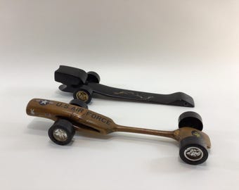 Pinewood Derby Modern Fantasy Race Cars Vintage Handcrafted Wooden Toy JPS US Air Force Top Fuel Dragster and Partial Black Cobra Dragster