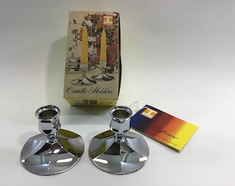 Irvinware Candlesticks Taper Candle Holders Vintage 1974 Chrome Cast Metal