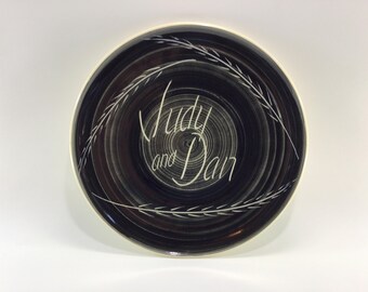 Personalized Judy and Dan 13" Best Wishes Gift Serving Platter Black White Mid Century Art Pottery