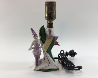 Art Deco Ceramic Bedroom Lamp Made in Germany Purple Dancer with Leaves