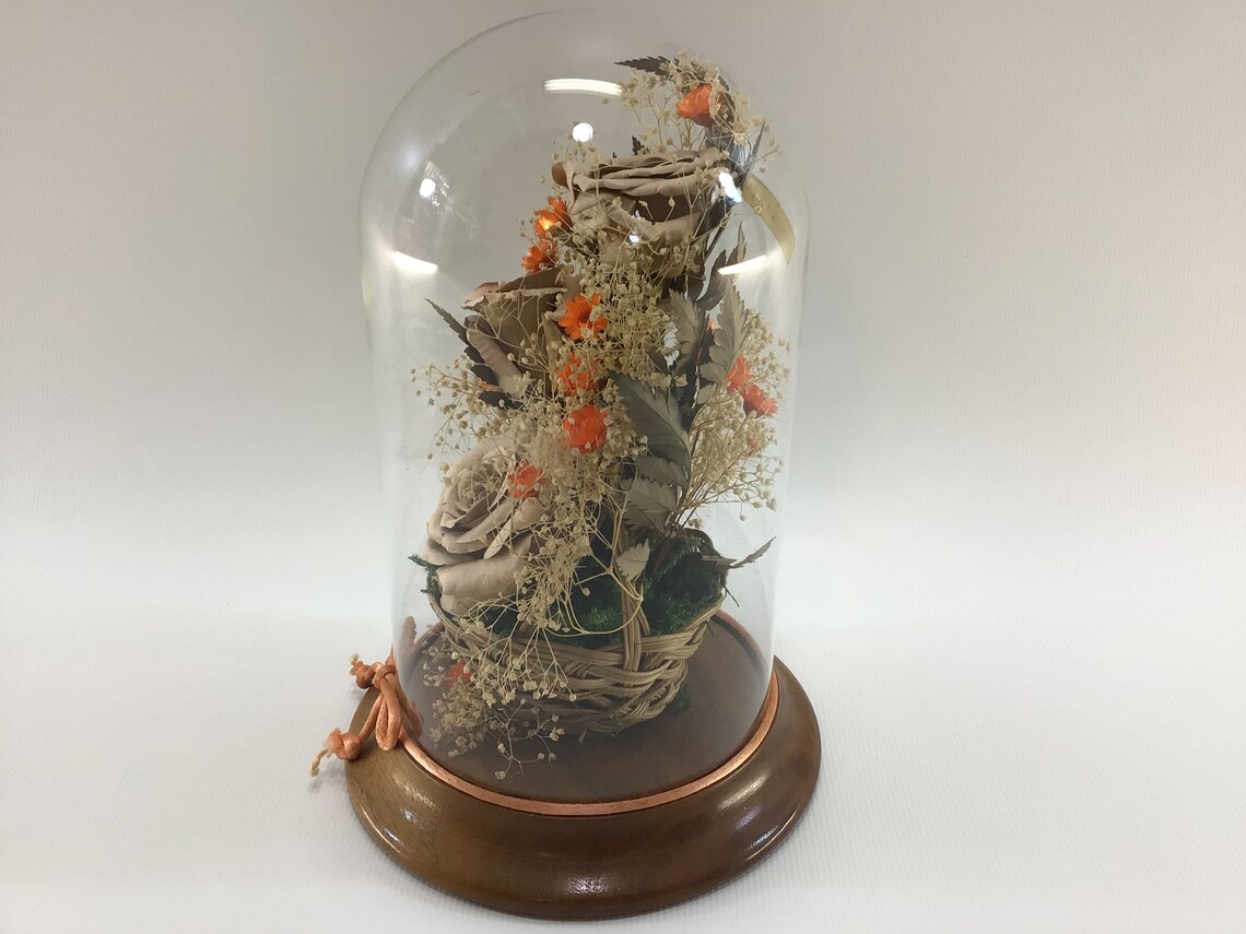 Dried Roses / Flowers Under Glass Dome Vintage Home Decor Etsy
