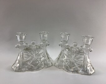 Pressed Glass Candelabra Double Light Taper Candlestick Holder Set Vintage Home Decor