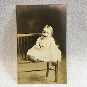 1916 RPPC Real Photo Postcard Cute Toddler on Bench, Betty Adams