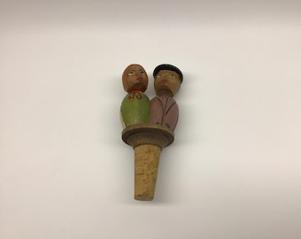 Hand Carved Kissing Couple Figural Wooden Cork Bottle Stopper Vintage Made in Italy