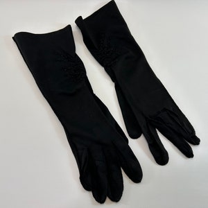 Beaded Rouching Black Mid Length Formal Opera Gloves Shalimar Cotton Blend size 7 1/2