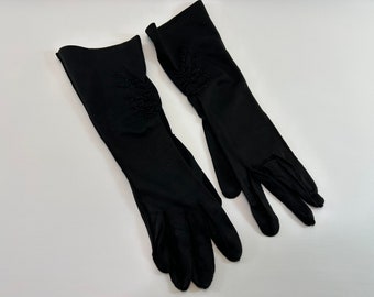 Beaded Rouching Black Mid Length Formal Opera Gloves Shalimar Cotton Blend size 7 1/2