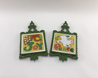 Joy and Peace Cast Iron Ceramic Tile Holiday Trivet Set Retro Pop Art 70s Christmas Kitchen Decor