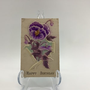 Antique Birthday Novelty Postcard Ephemera Embossed Faux Woodgrain Purple Applique Airbrush Flowers
