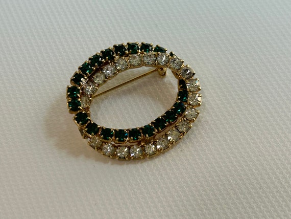 Rhinestone Brooch Emerald Green and Clear White R… - image 2