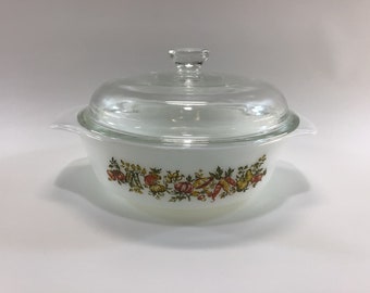 Vintage Anchor Hocking 1 qt Casserole Dish Vegetable Harvest Pattern with Lid