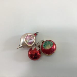 Christmas Ornaments 3 Mercury Glass Assorted Pieces Indent Flocked and Glitter Vintage Holiday Tree Decor