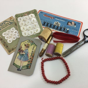 Sewing Notions Lot Vintage Buttons Needles Seam Ripper Fasteners Wood Spool Thread Slow Stitch Notions and Tools Watkins Vanilla Advertising