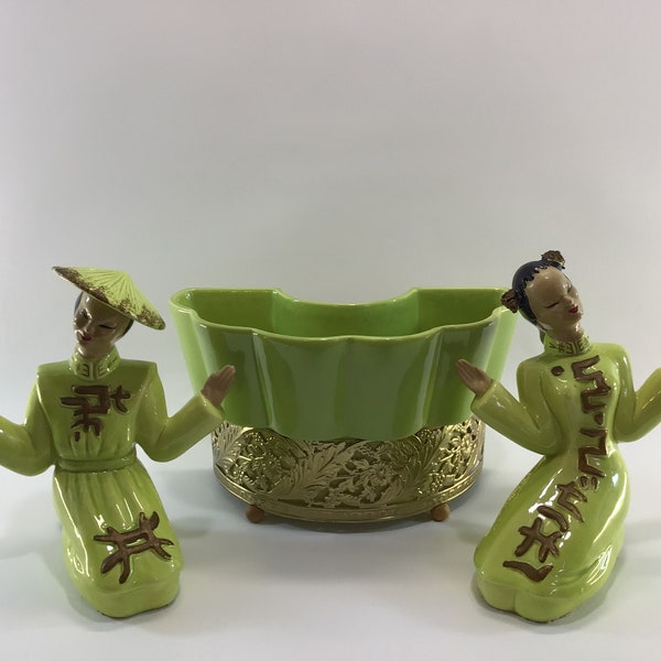 Mid Century TV Lamp Planter Sierra Columbia No 12812 with Matching Pair of Asian Girl Figurines Ceramic and Metal MCM Home Decor