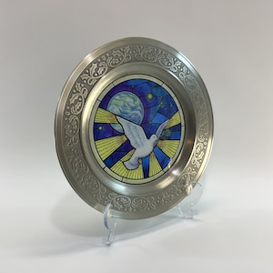 Pewter Stained Glass 10&quot; Plate Christmas Plate Peace on Earth Vintage US Historical Society Collector&#39;s Series