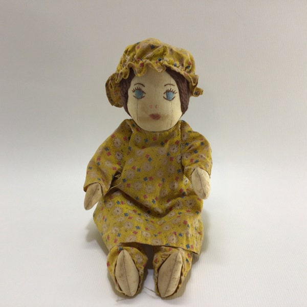 Vintage Rag Doll 9" Articulated Arms and Legs Embroidered Face in Yellow Floral Pajamas and Nightcap Primitive Rustic Folk Art Home Decor