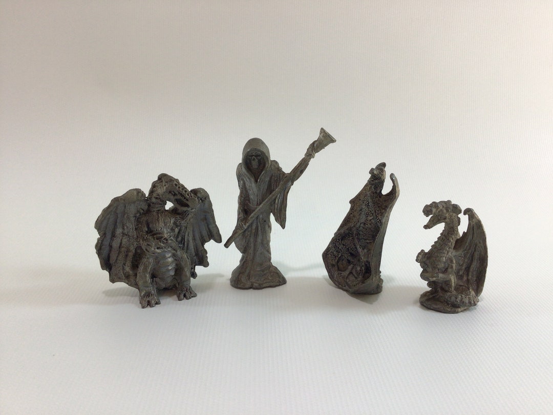 Pewter Fantasy Figurines 4 Pc Lot Wyverns and Grim Reaper Unsigned