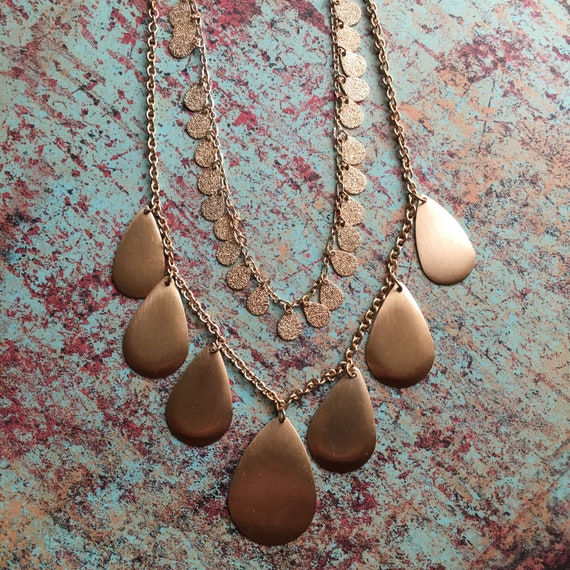 Gold Tone Two Strand Necklace C1946 Drop Disks Everyday Evening