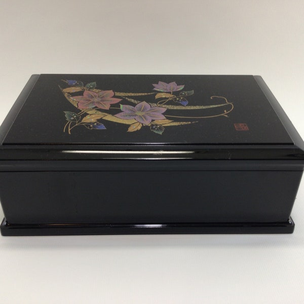 Black Lacquer Music Jewelry Box Lotus Motif Vintage Vanity Decor