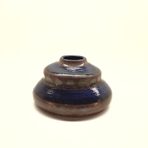 Folk Art Redware Pottery Cobalt Blue Glaze Vase Vintage Handmade Home Decor