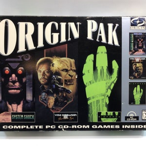 May include: A black box with the text "ORIGIN PAK" in white. The box contains three PC CD-ROM games: System Shock, Wing Commander III, and Bioforge. The box has a mature rating.