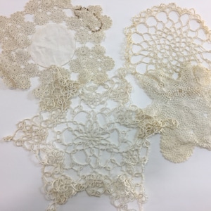 Handmade Lace Doilies White Cream Vintage Tatted Crocheted for Altered Books Slow Stitch Embellishment Fabric Journals Craft and Art Project