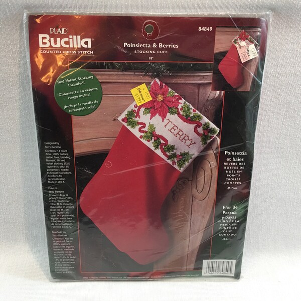 Bucilla Counted Cross Stitch Poinsettia and Berries Stocking Cuff Kit No. 84849, 18" Long