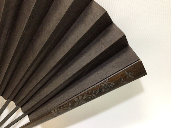 Hard Carved Wood and Linen Folding Fan Quality Ma… - image 3