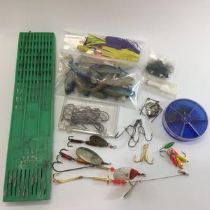Vintage Fishing Tackle Lot Assortment of Spinners Hooks Rubber Minnows Other