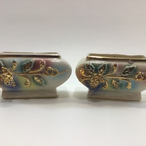 May include: Two small, white ceramic planters with gold trim and a floral design. The planters have a rectangular shape with rounded edges and a raised rim. The floral design features a vine with leaves and berries in shades of green, blue, and gold.