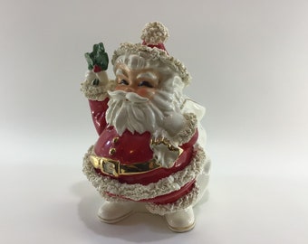 Napco Ceramic Santa Claus Planter ILX2725 R Spaghetti Trim and Gold Accents Vintage Christmas Holiday Decor