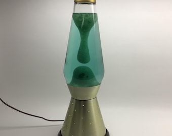 Century Lava-Lite Yellow / Green Blue Vintage 1974 Retro Accent Lamp Satin Brass Finish Aluminum Starlight Base