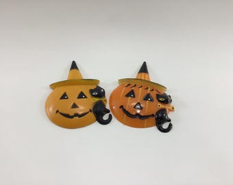 Halloween Cake Toppers 2 Vintage Kitschy Holiday Party Collectibles Jack O Lantern and Black Cat