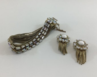 HOBE Demi Parure  Multi Strand Bracelet and Clip Earrings Gold Tone with AB and White Rhinestones
