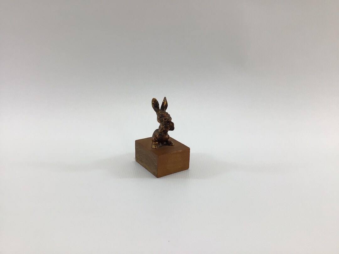 Copper The Rabbit Miniature Copper Bunny Rabbit Figurine on Wood Block Vintage Curio ...