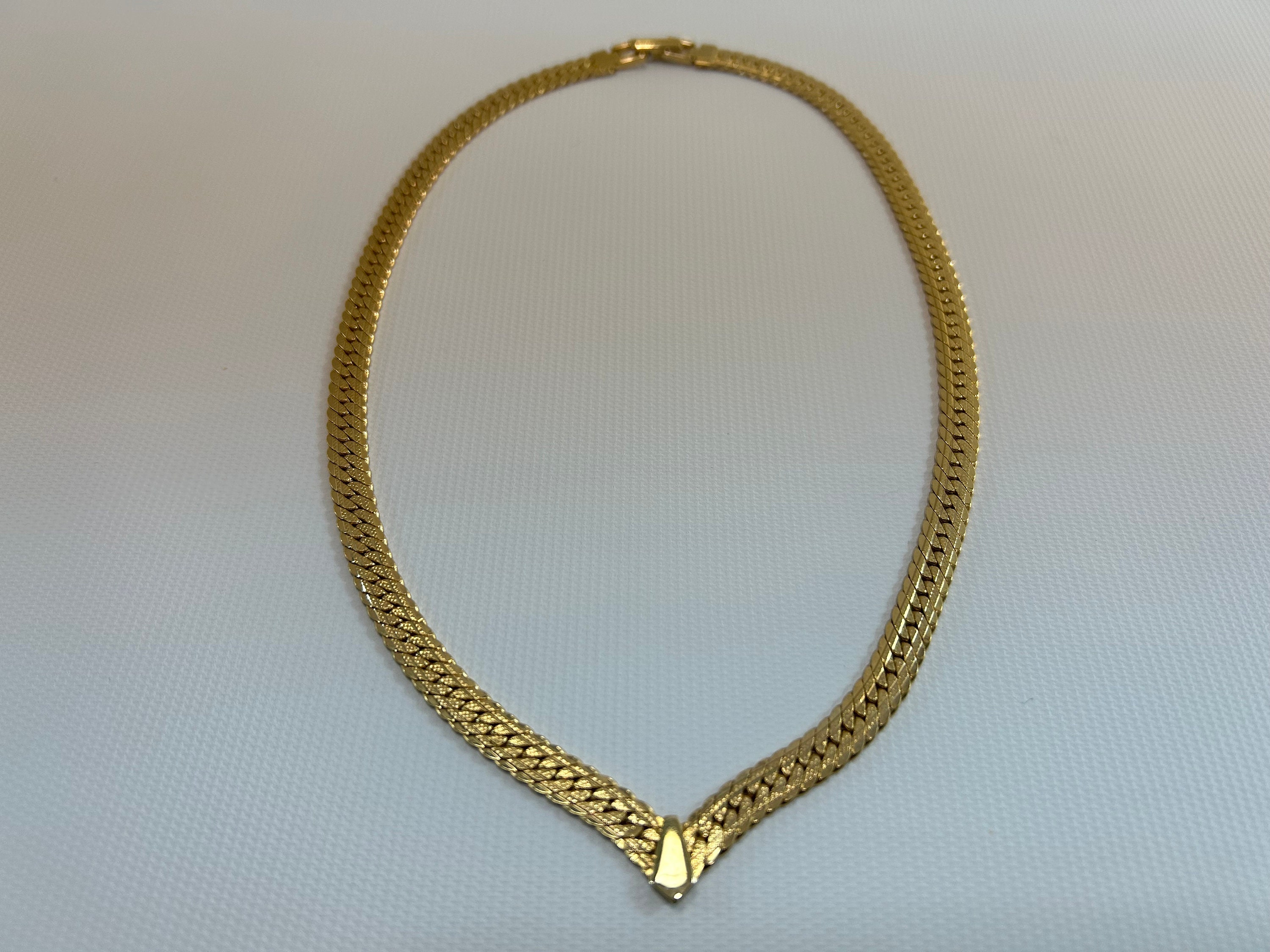Napier Gold Tone Textured Chain Necklace Art Deco Herringbone 17 3 4 Wide Flat Design Etsy