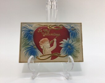 Valentines Day Postcard Airbrush Embossed Red Heart with Cupid Antique Ephemera