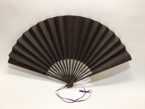 Hard Carved Wood and Linen Folding Fan Quality Ma… - image 2