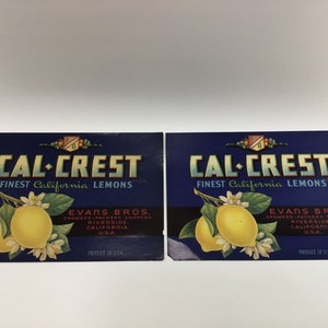 Vintage Fruit Labels 2 Cal-Crest Lemons Farmhouse Wall Decor Crate Label
