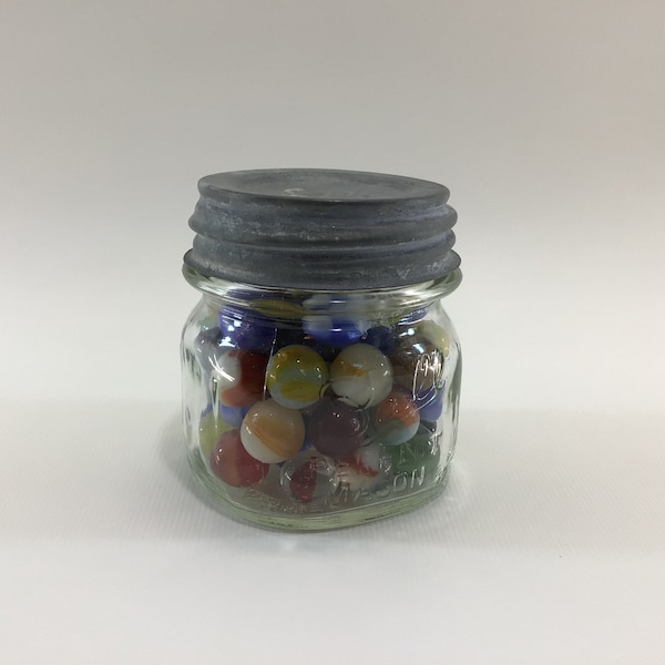 Ball 1/2 Pint Canning Jar Zinc Lid with Assorted Old Toy Glass Marbles Collectible Quality Home Decor