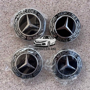 4x 75mm (2.95&quot;) Wheel Center Caps – Fits Mercedes-Benz Wheels – Wheat Black Snap-In Rim Covers