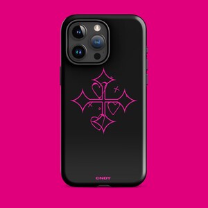 Cross and Hearts | Tough Phone Case | Pink hearts |Cover for iPhone 15 , 14 , 13 - Black & Pink
