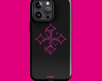 Cross and Hearts | Tough Phone Case | Pink hearts |Cover for iPhone 15 , 14 , 13 - Black & Pink