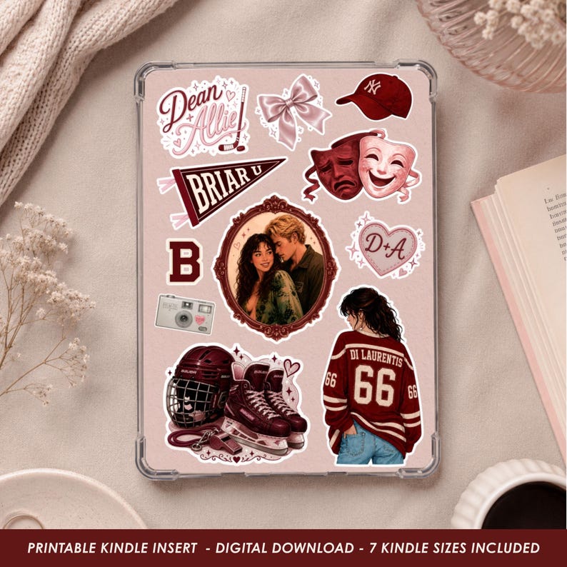 Kindle case displaying a printable insert with a hockey romance aesthetic, featuring illustrations inspired by Dean and Allie in soft pink and burgundy tones.
