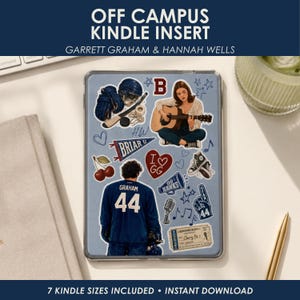 Off Campus Kindle insert featuring Garrett Graham and Hannah Wells inspired design for hockey romance readers, printable Kindle decor compatible with multiple Kindle sizes.