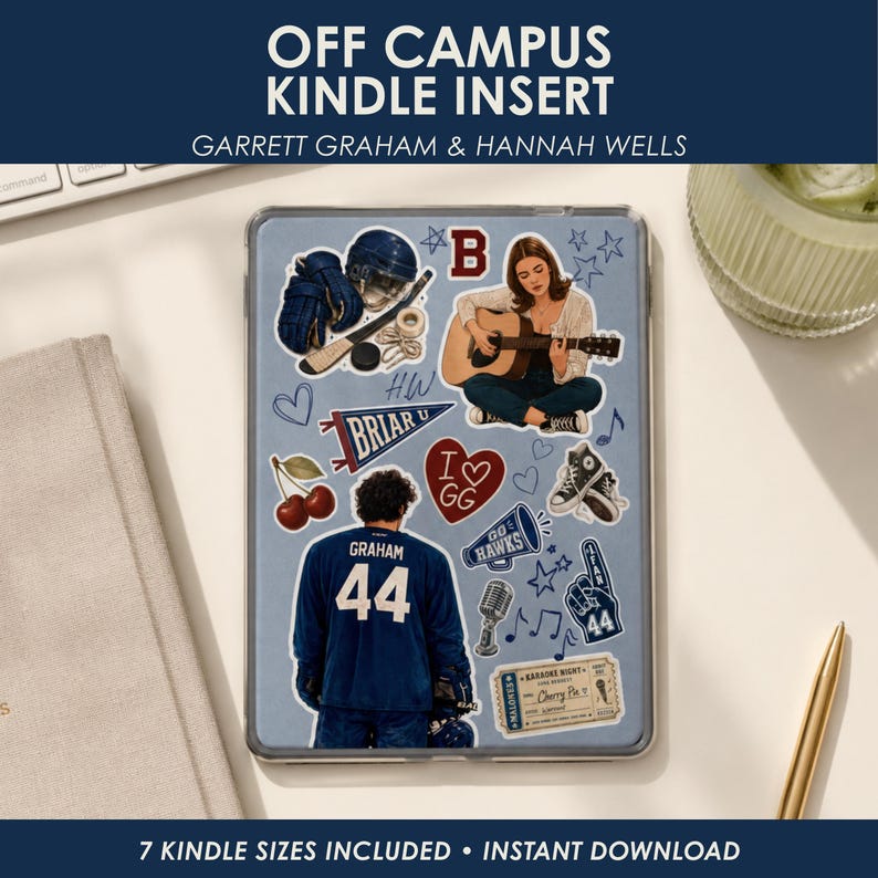Off Campus Kindle insert featuring Garrett Graham and Hannah Wells inspired design for hockey romance readers, printable Kindle decor compatible with multiple Kindle sizes.