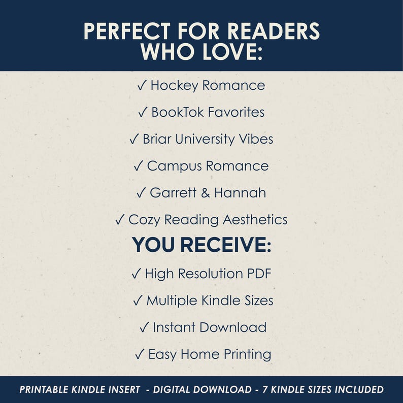 BookTok inspired Kindle insert for hockey romance fans who love Off Campus, Garrett Graham, Hannah Wells and cozy reading aesthetics.