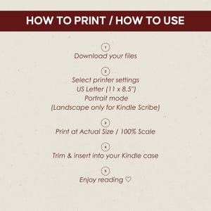 Step-by-step guide explaining how to download, print, trim, and insert the printable design into a Kindle case.