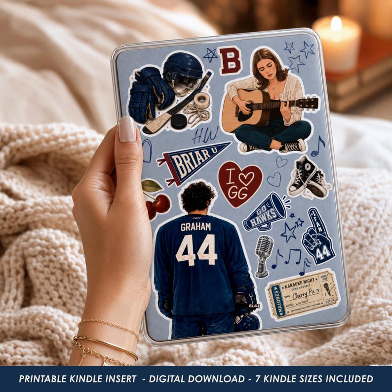 Printable Off Campus Kindle insert displayed inside a clear Kindle case with Garrett Graham, Hannah Wells and Briar University inspired artwork for BookTok readers.